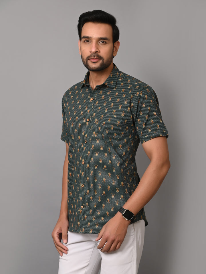 VJR Premium Katha Dark Green Base Floral Half Sleeves