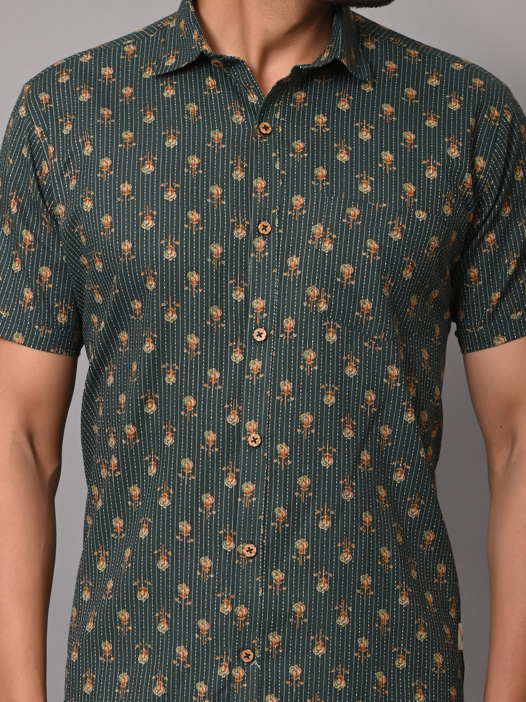 VJR Premium Katha Dark Green Base Floral Half Sleeves