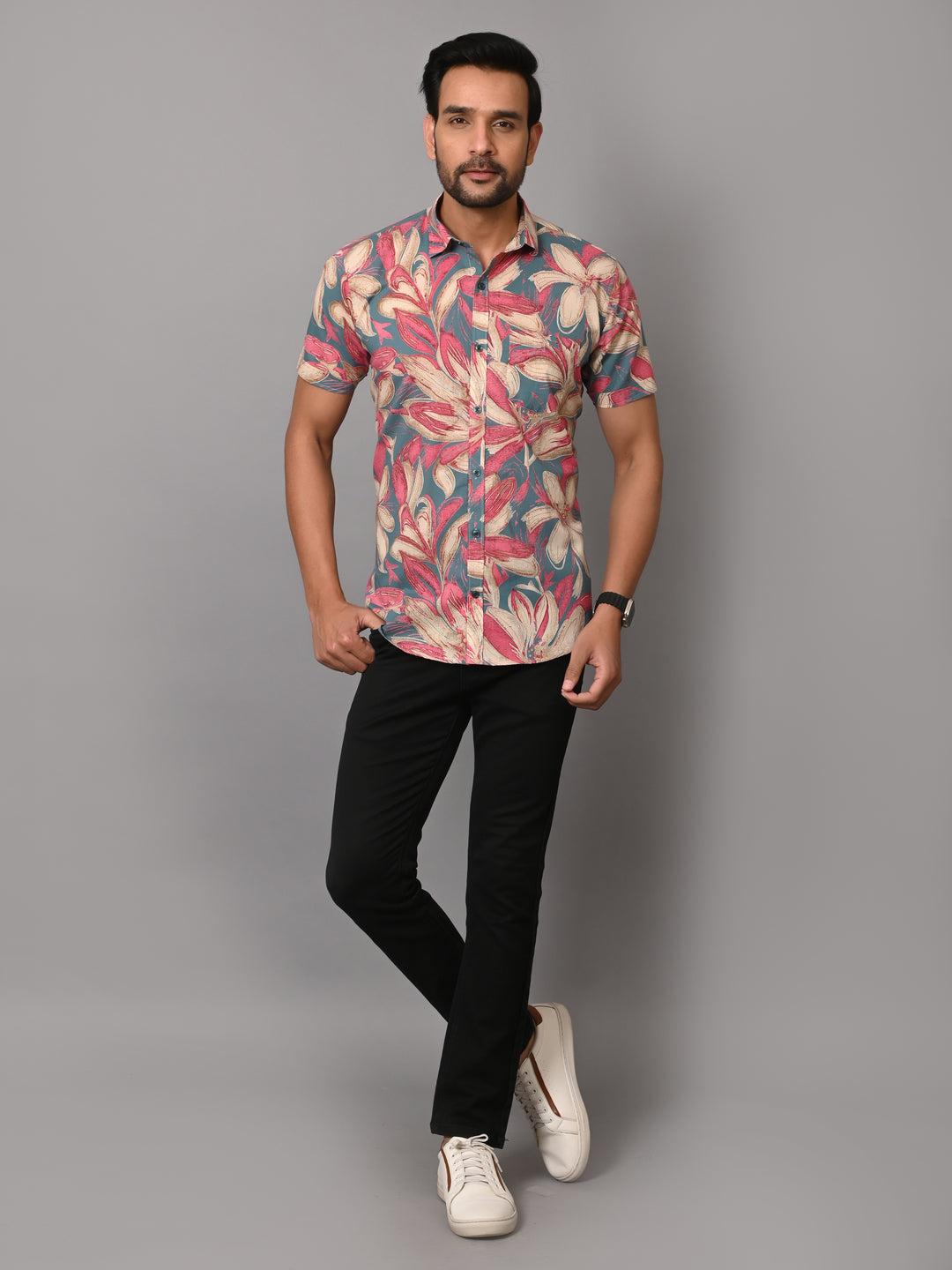 VJR Floral Pattern on Teal Base Premium Half Sleeves