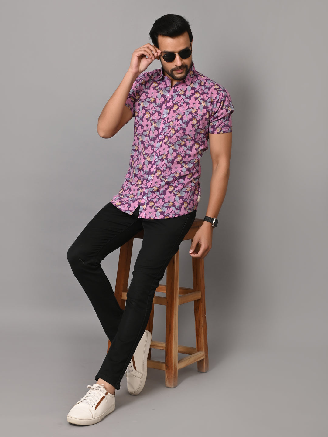 VJR Premium Pink Floral on Lavender Base Half Sleeves
