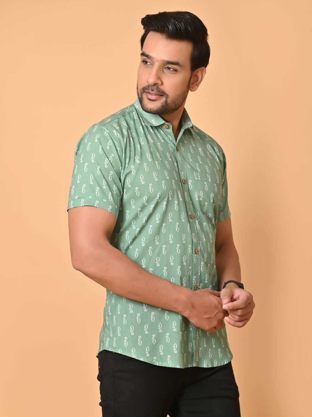 VJR Green Base White Floral Printed Shirt
