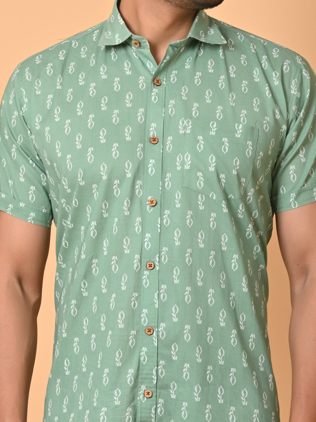 VJR Green Base White Floral Printed Shirt