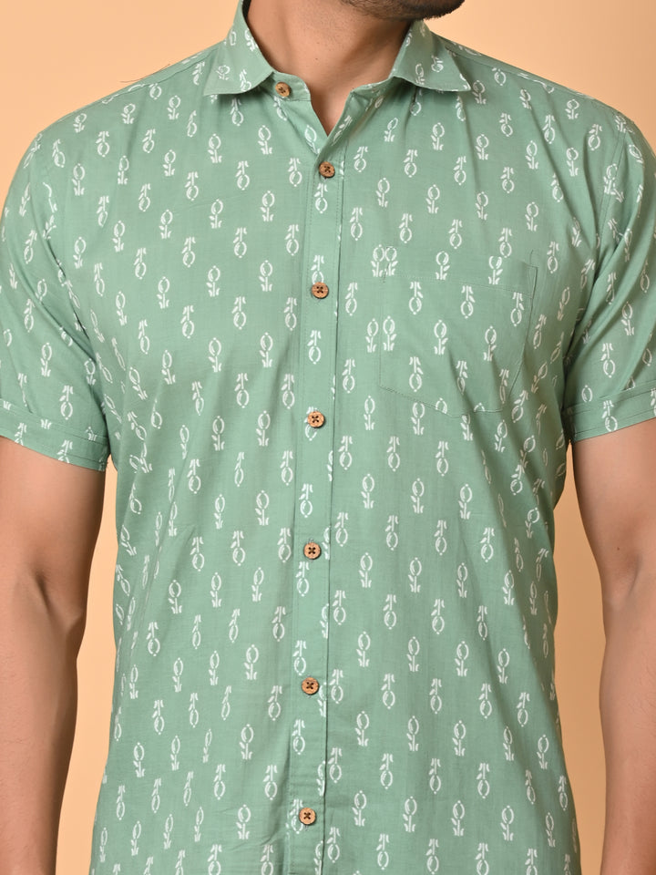VJR Green Base White Floral Printed Shirt