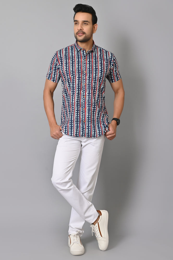 VJR Stylish Blue Geometrical Stripe Printed Shirt