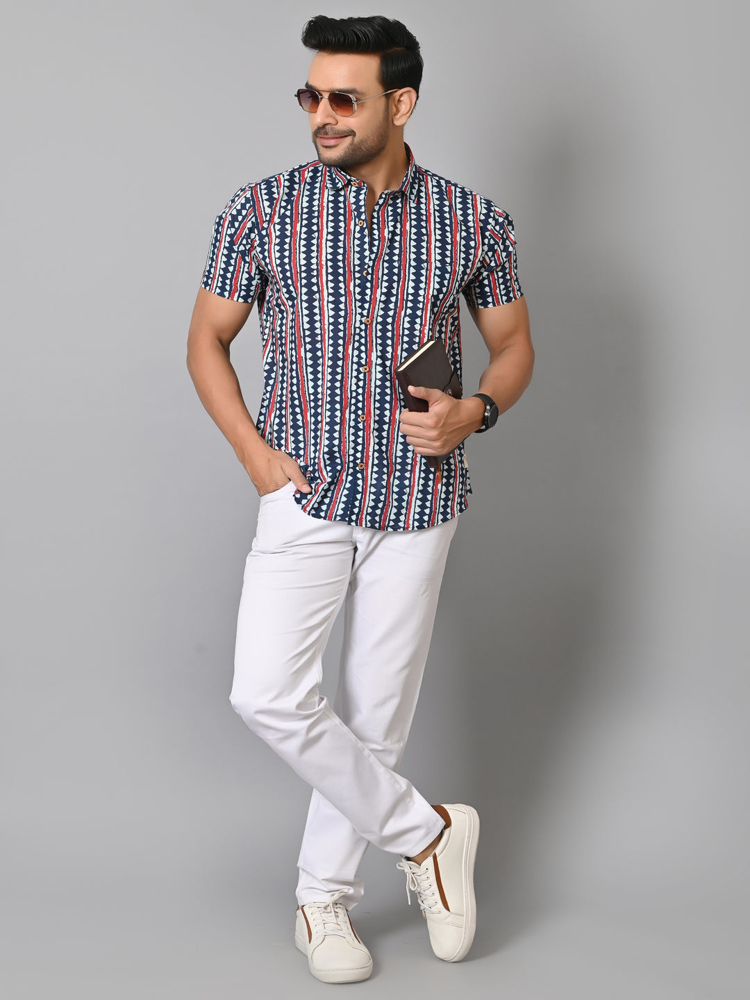 VJR Stylish Blue Geometrical Stripe Printed Shirt