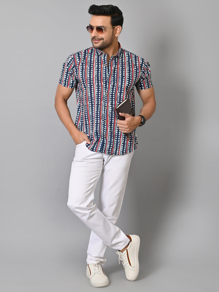 VJR Stylish Blue Geometrical Stripe Printed Shirt