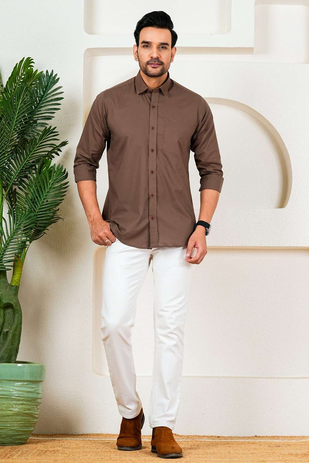 Men’s Premium Solid Brown Casual Shirt