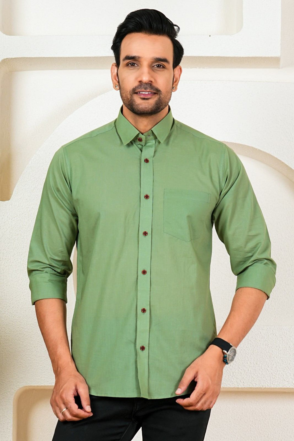 Men's Solid Olive Green Full Sleeve Shirt