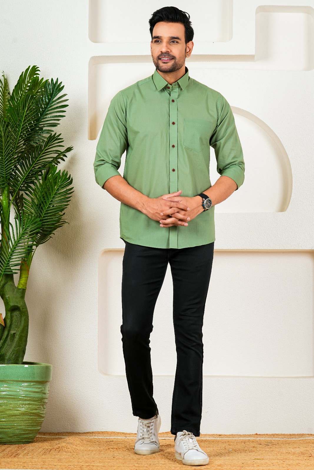 Men's Solid Olive Green Full Sleeve Shirt