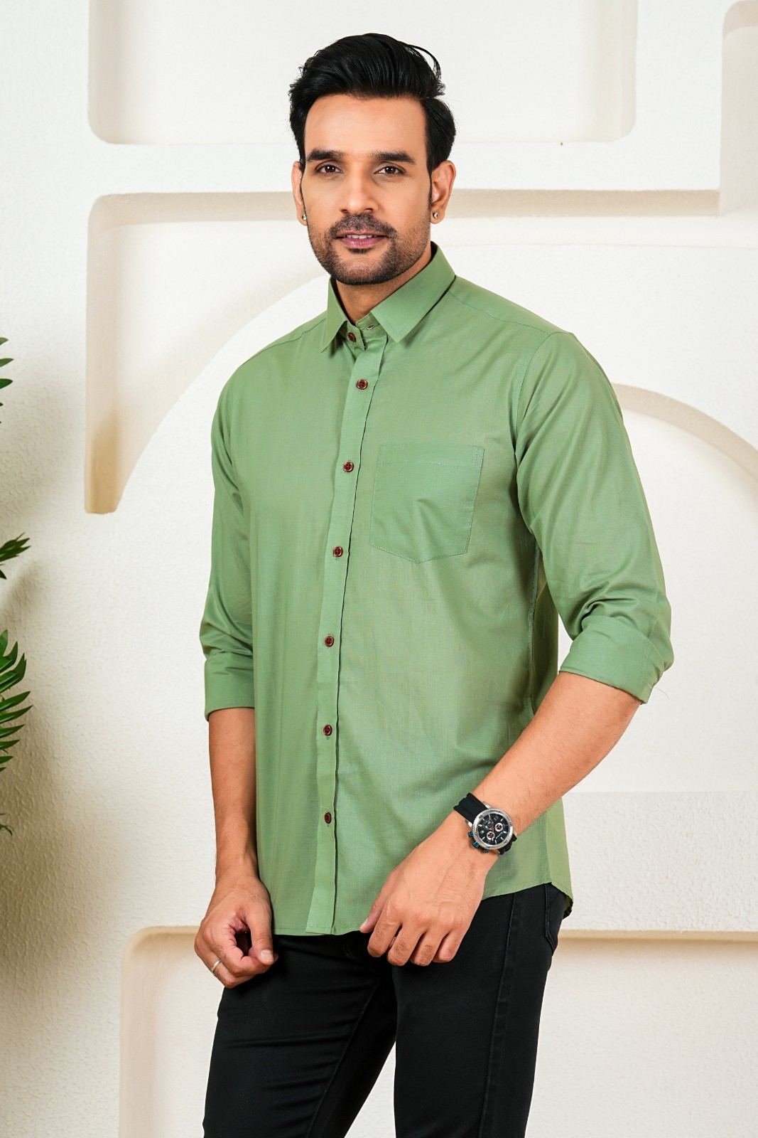 Men's Solid Olive Green Full Sleeve Shirt