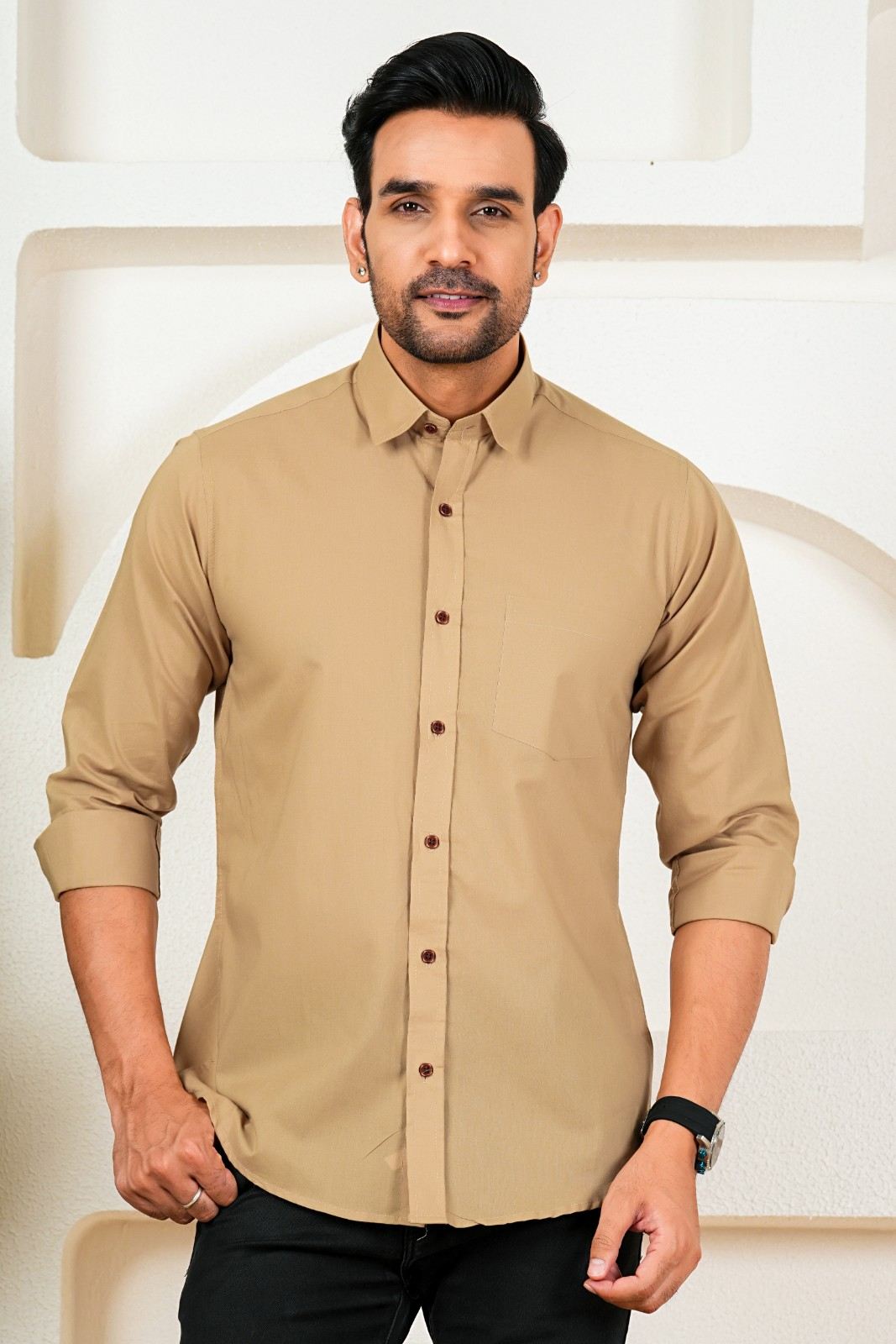Men's Solid Beige Full Sleeve Shirt