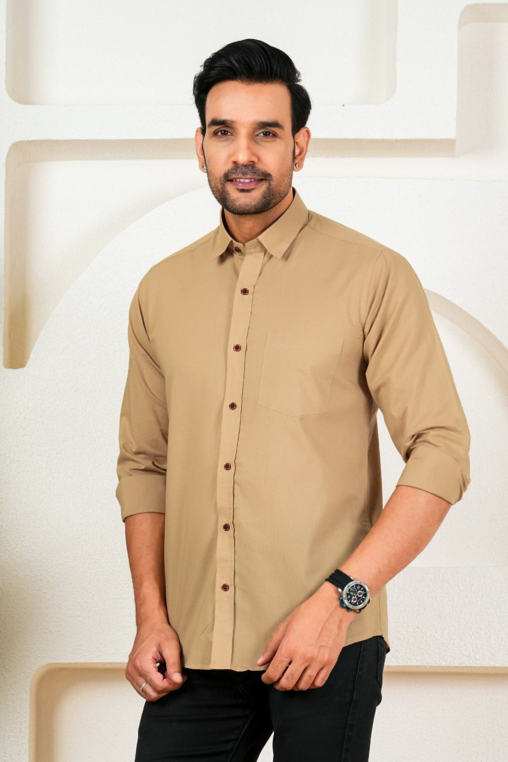Men's Solid Beige Full Sleeve Shirt