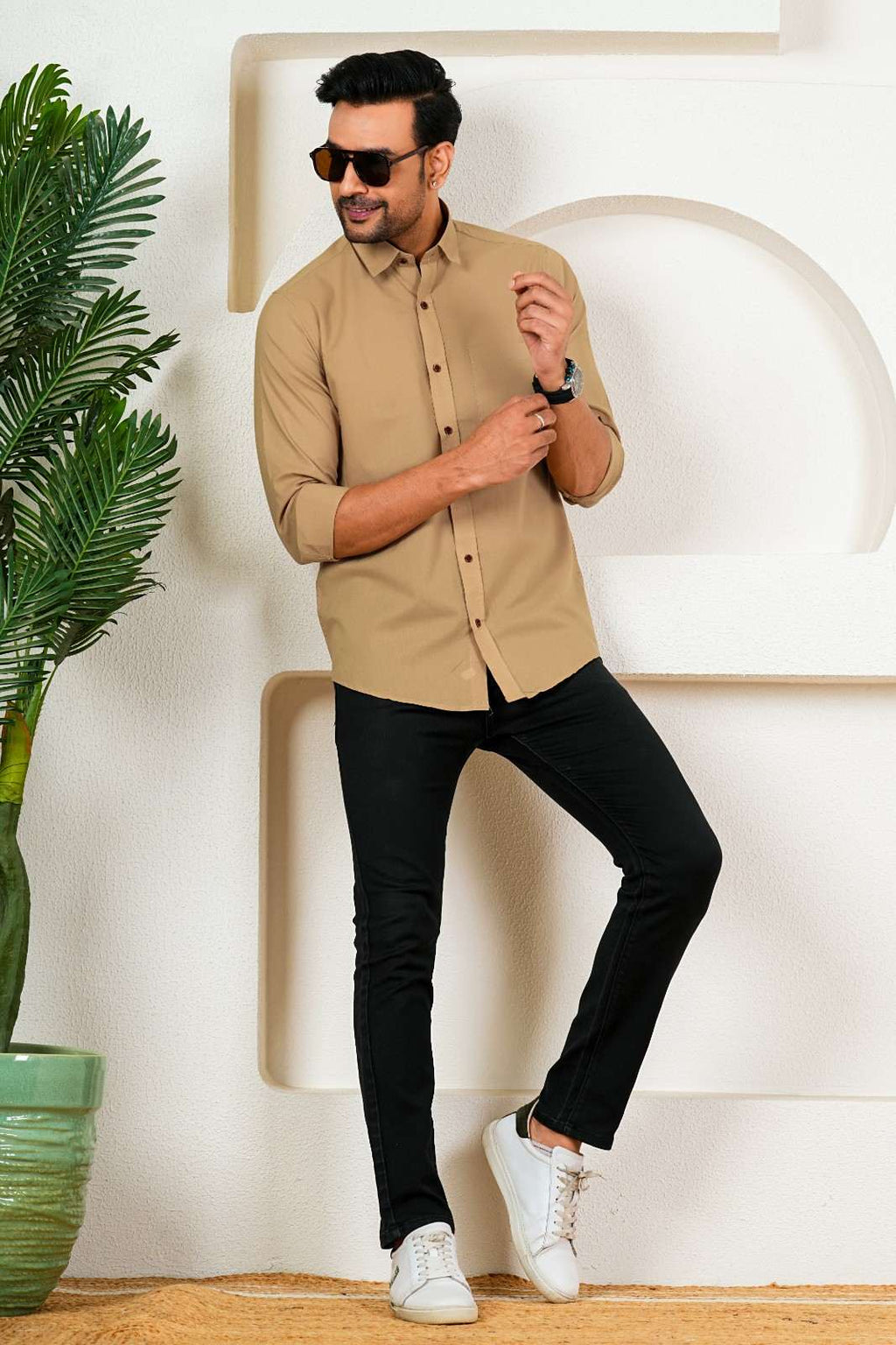Men's Solid Beige Full Sleeve Shirt