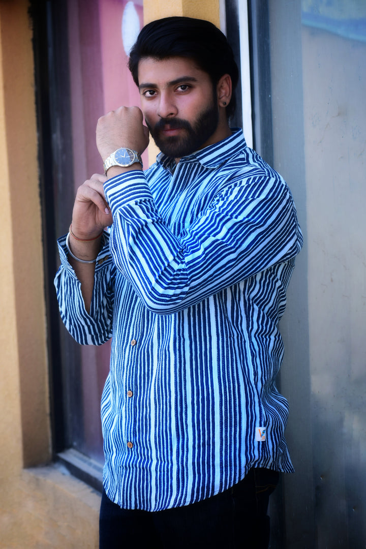VJR Blue Stripe Katha Full Sleeves Shirt