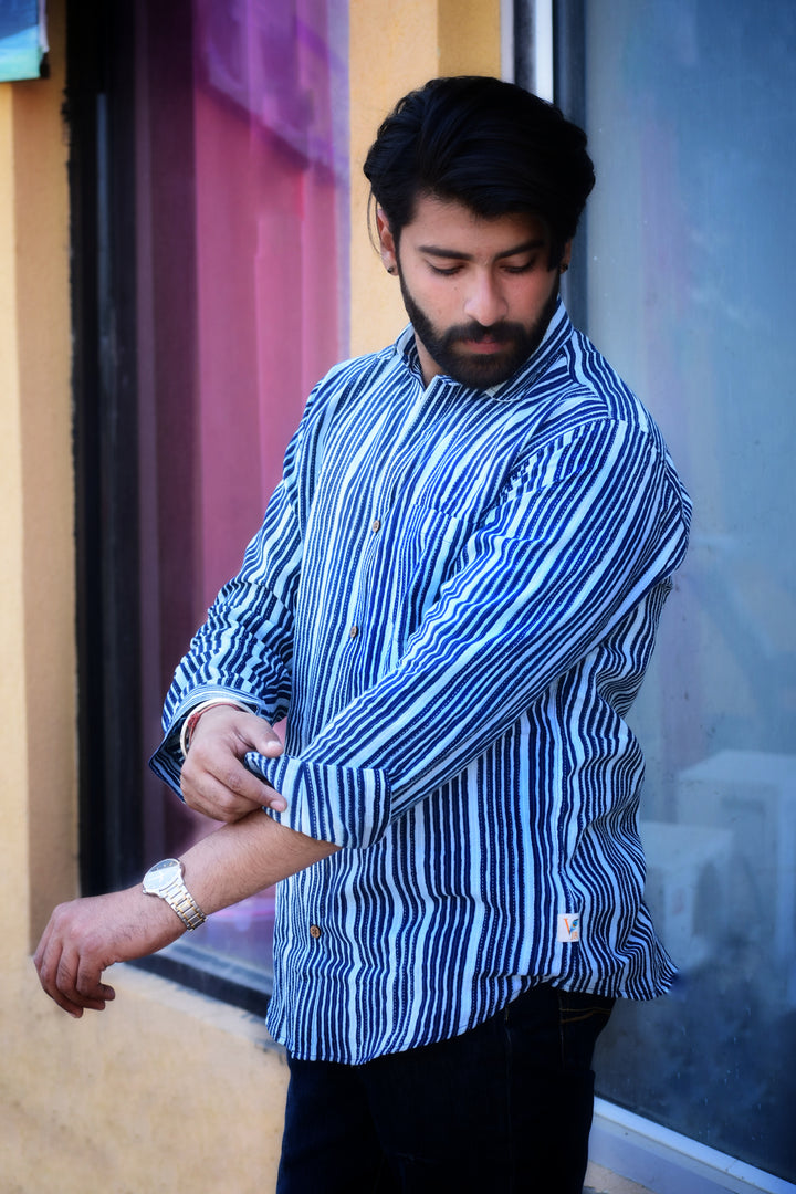 VJR Blue Stripe Katha Full Sleeves Shirt
