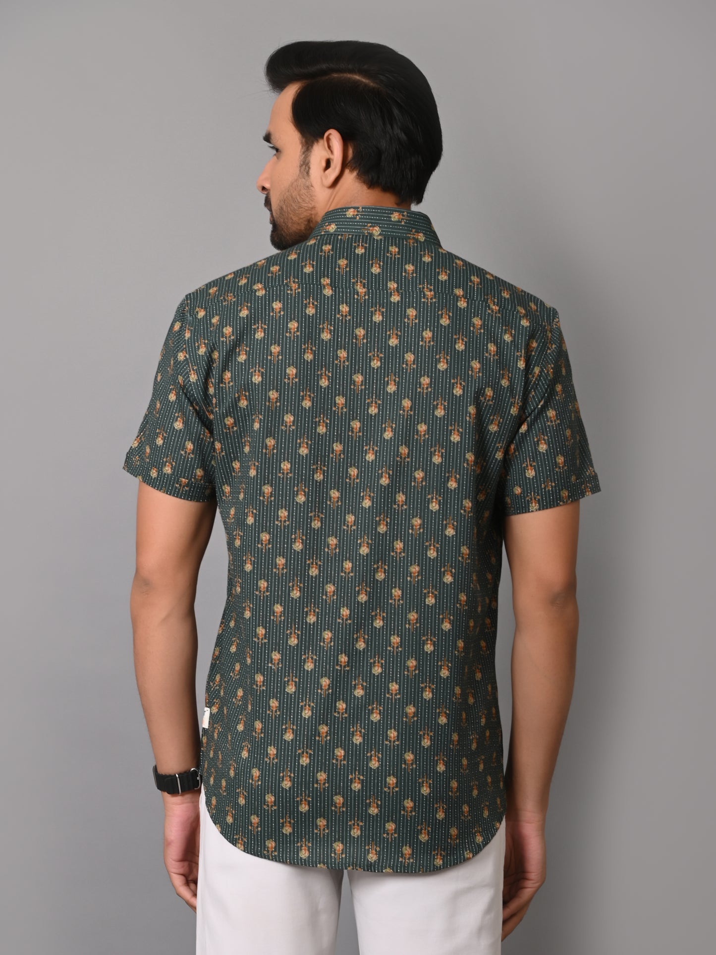 VJR Premium Katha Dark Green Base Floral Half Sleeves