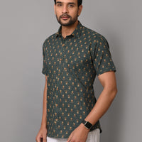 VJR Premium Katha Dark Green Base Floral Half Sleeves