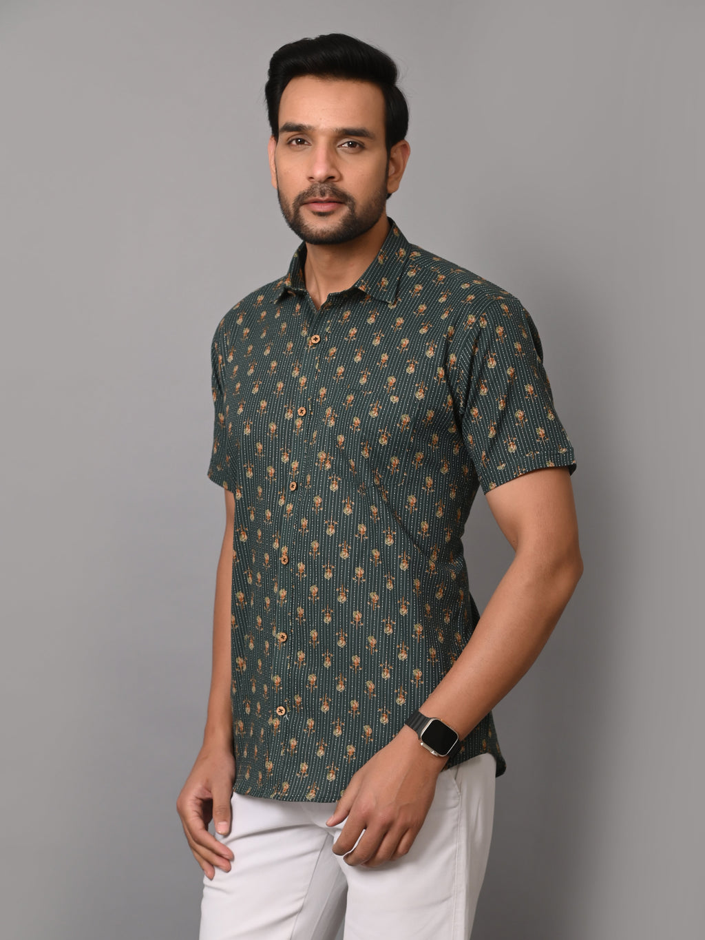 VJR Premium Katha Dark Green Base Floral Half Sleeves