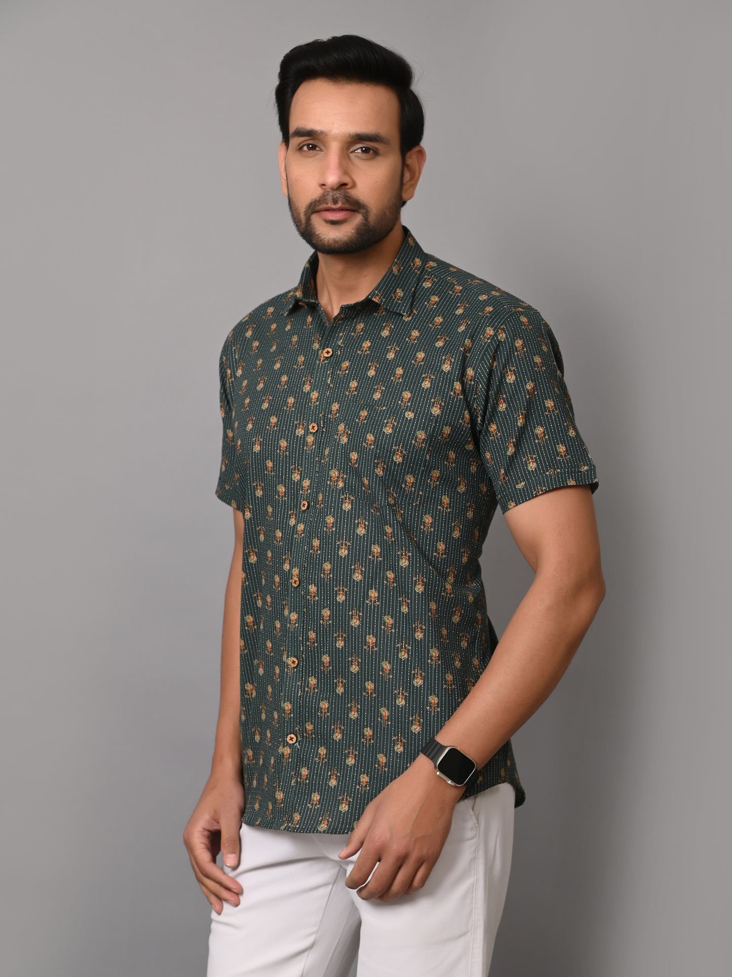 VJR Premium Katha Dark Green Base Floral Half Sleeves