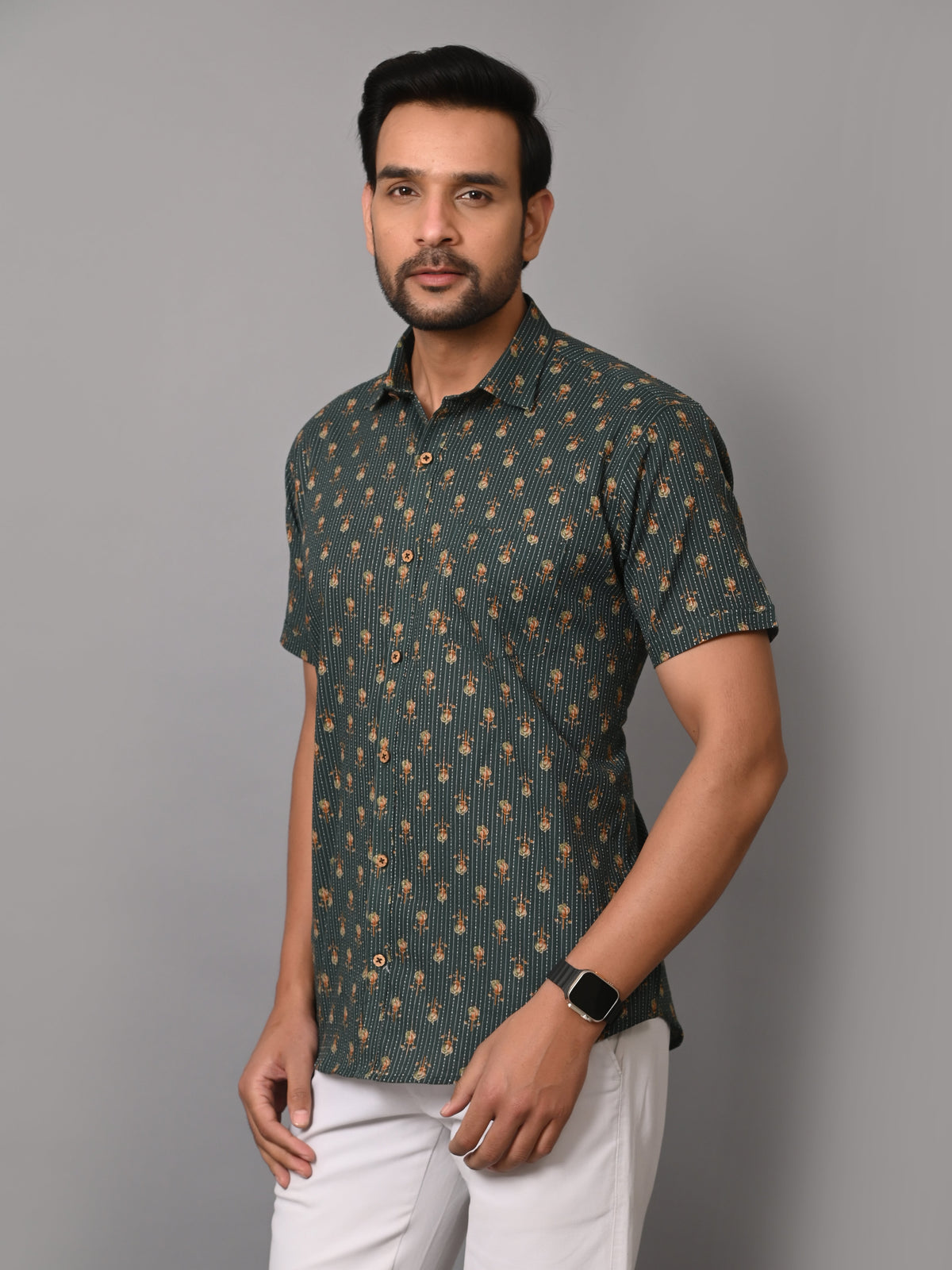 VJR Premium Katha Dark Green Base Floral Half Sleeves