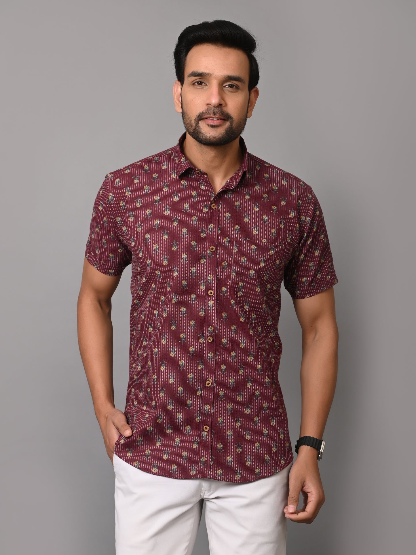 VJR Premium Katha Maroon Base Floral Half Sleeves