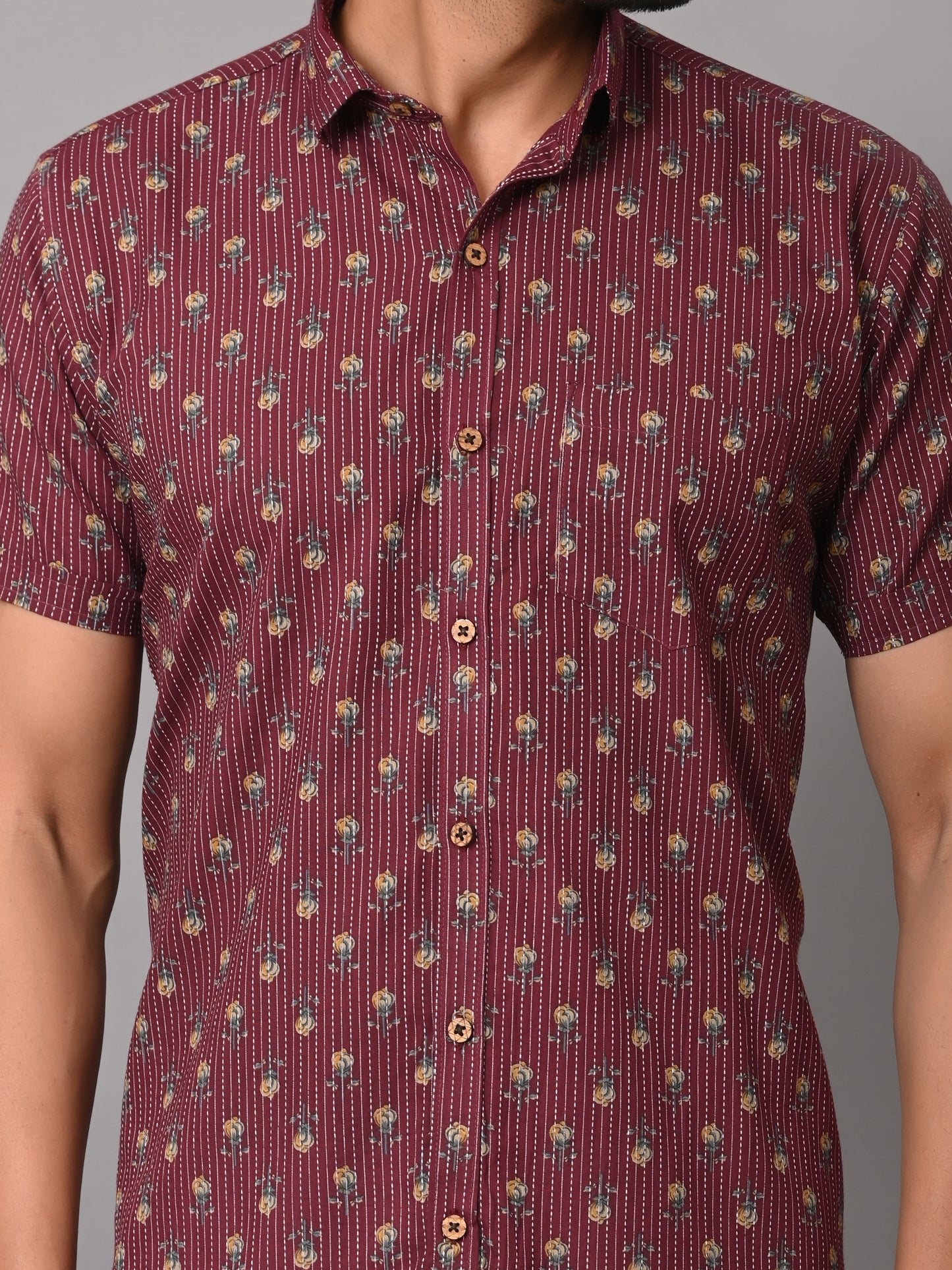 VJR Premium Katha Maroon Base Floral Half Sleeves