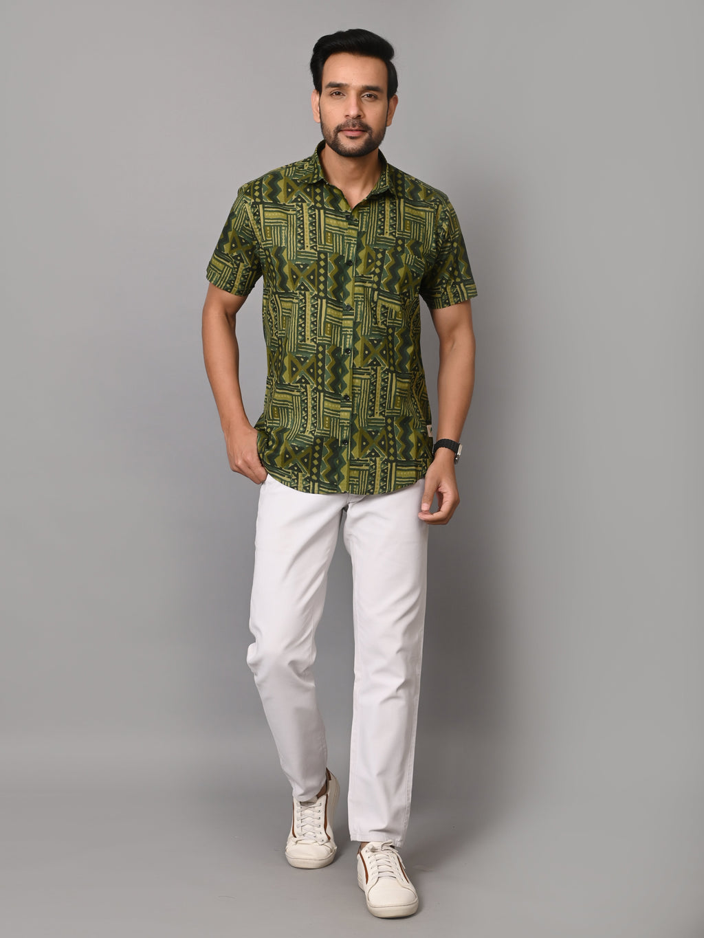 VJR Premium Green Stripe Geometrical Print Half Sleeves
