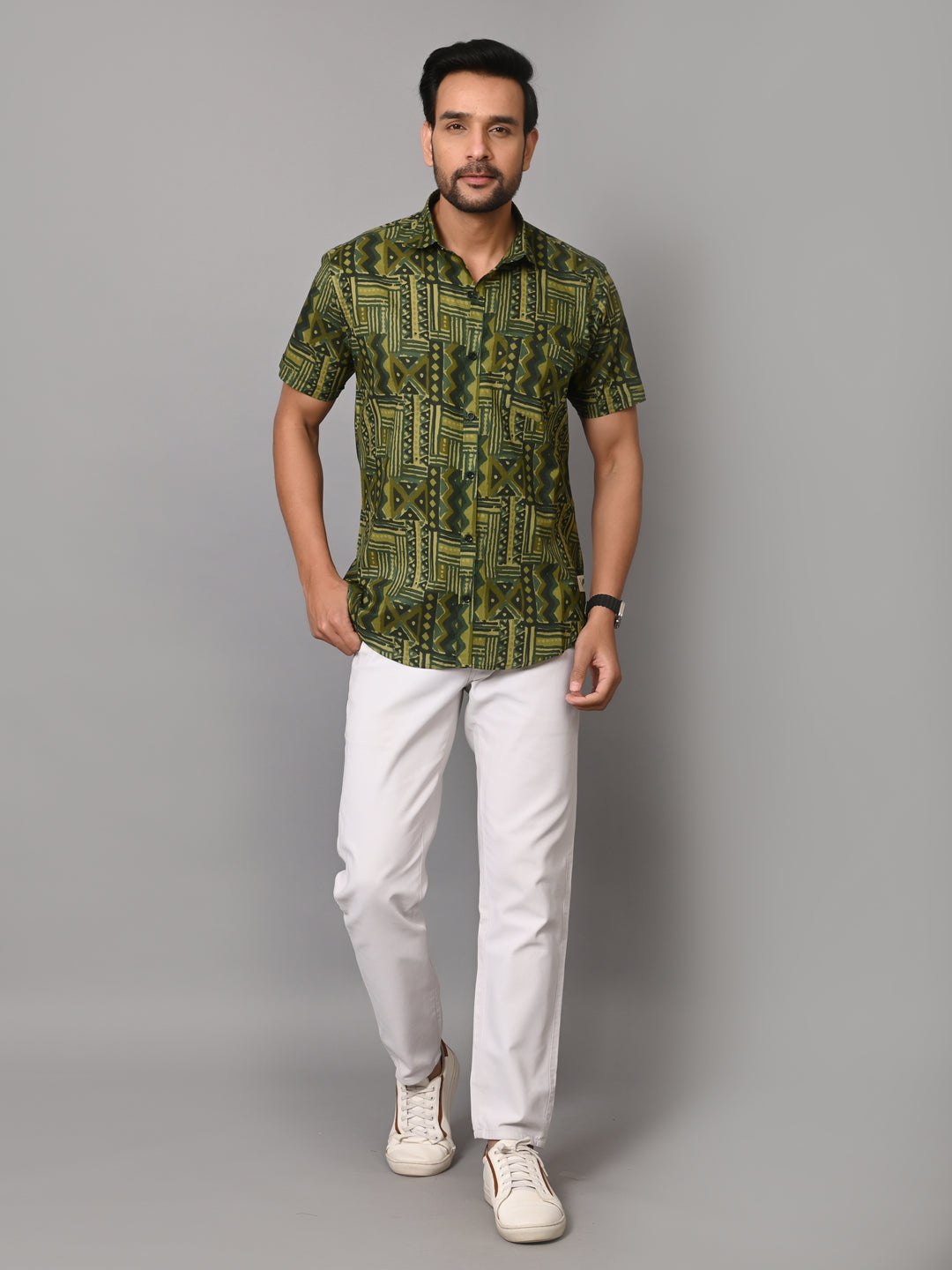 VJR Premium Green Stripe Geometrical Print Half Sleeves