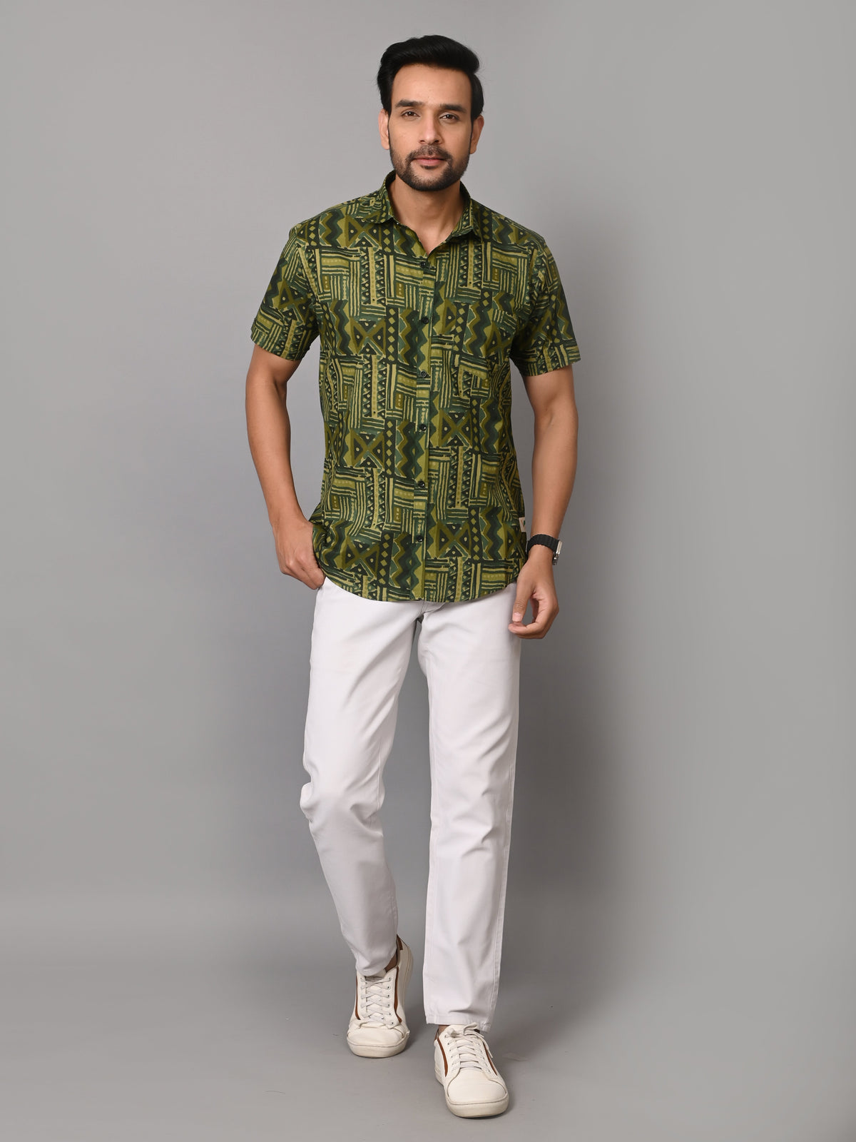 VJR Premium Green Stripe Geometrical Print Half Sleeves