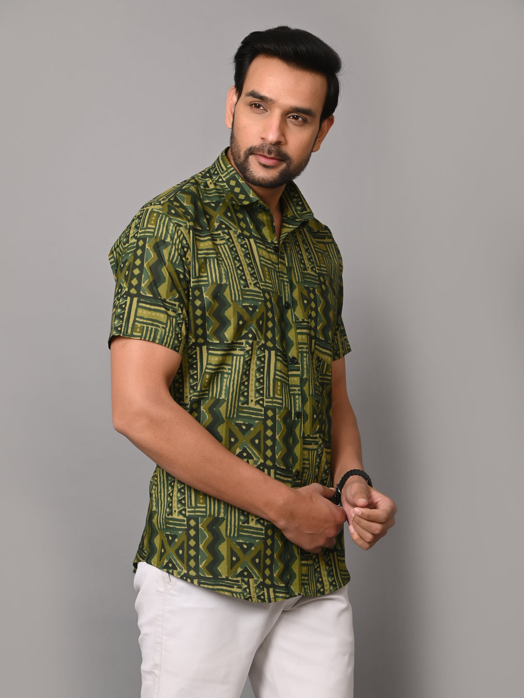 VJR Premium Green Stripe Geometrical Print Half Sleeves