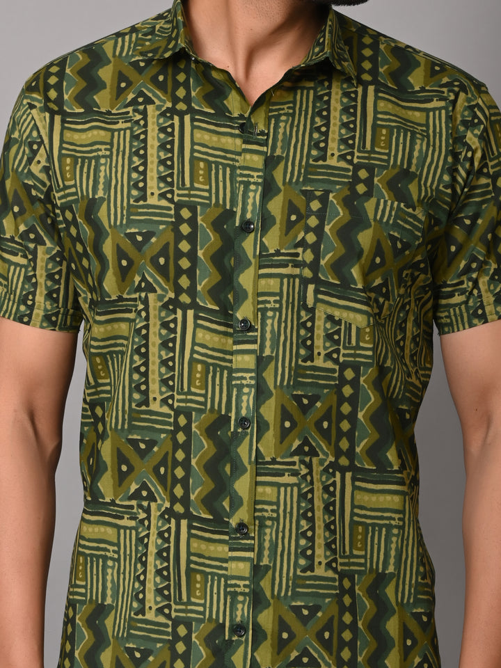 VJR Premium Green Stripe Geometrical Print Half Sleeves