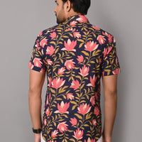 VJR Premium Pink Flower on Dark Blue Base Half Sleeves