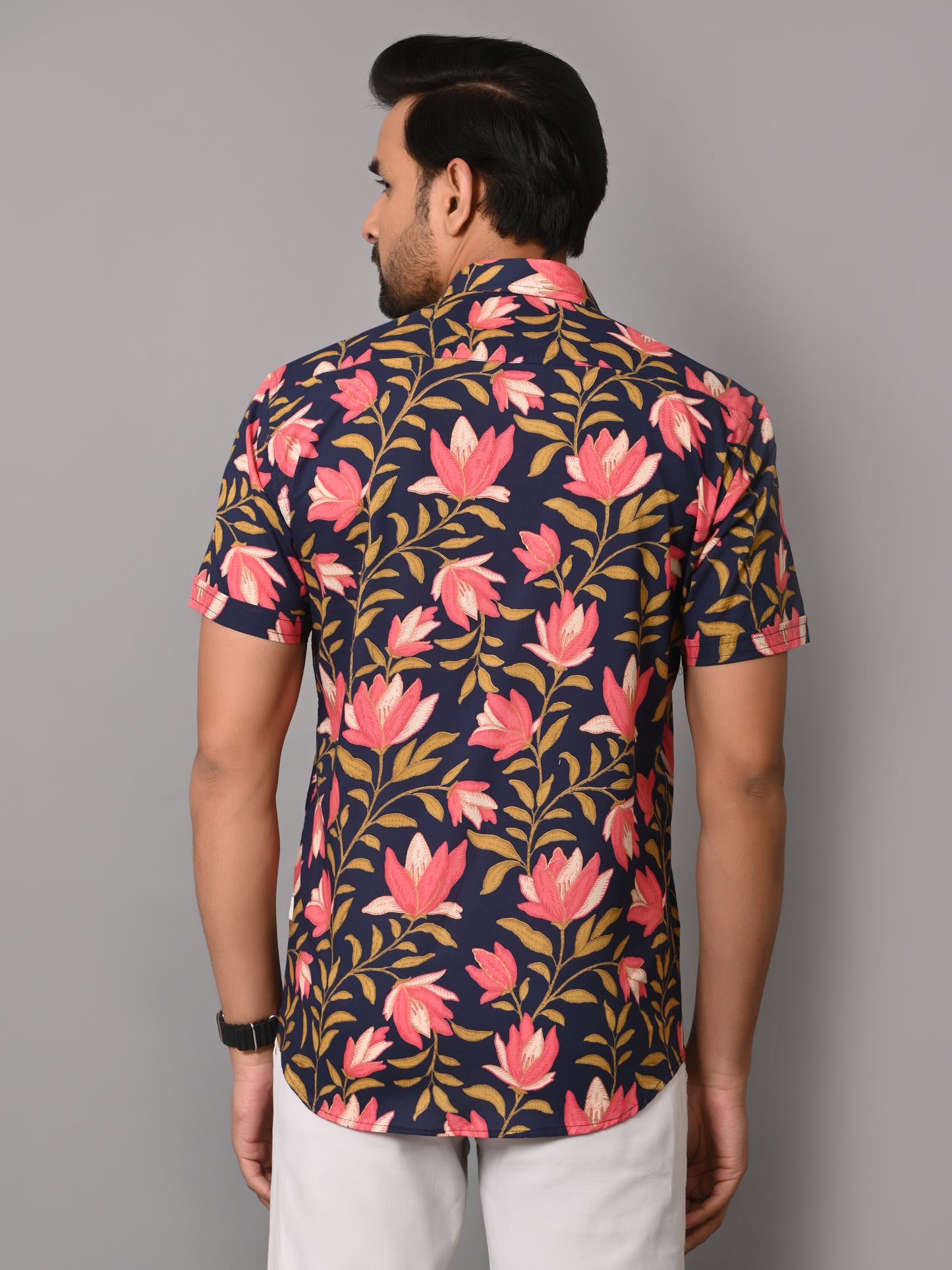 VJR Premium Pink Flower on Dark Blue Base Half Sleeves