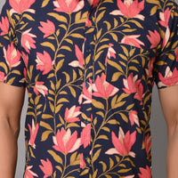 VJR Premium Pink Flower on Dark Blue Base Half Sleeves