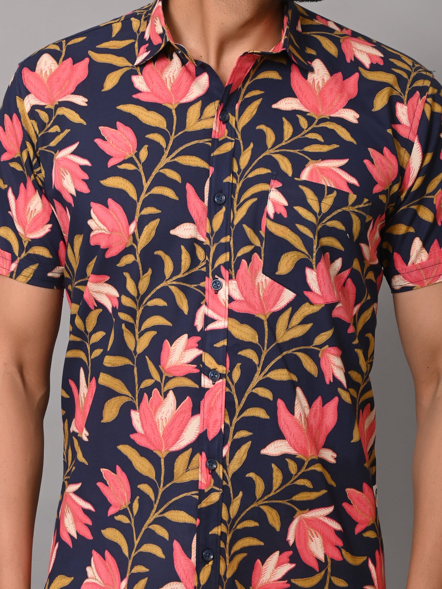 VJR Premium Pink Flower on Dark Blue Base Half Sleeves