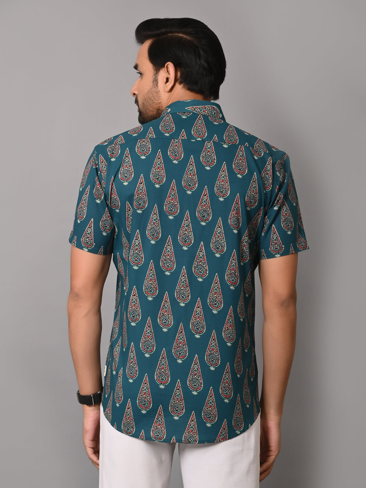 VJR Pine Green Block Print Premium Half Sleeves