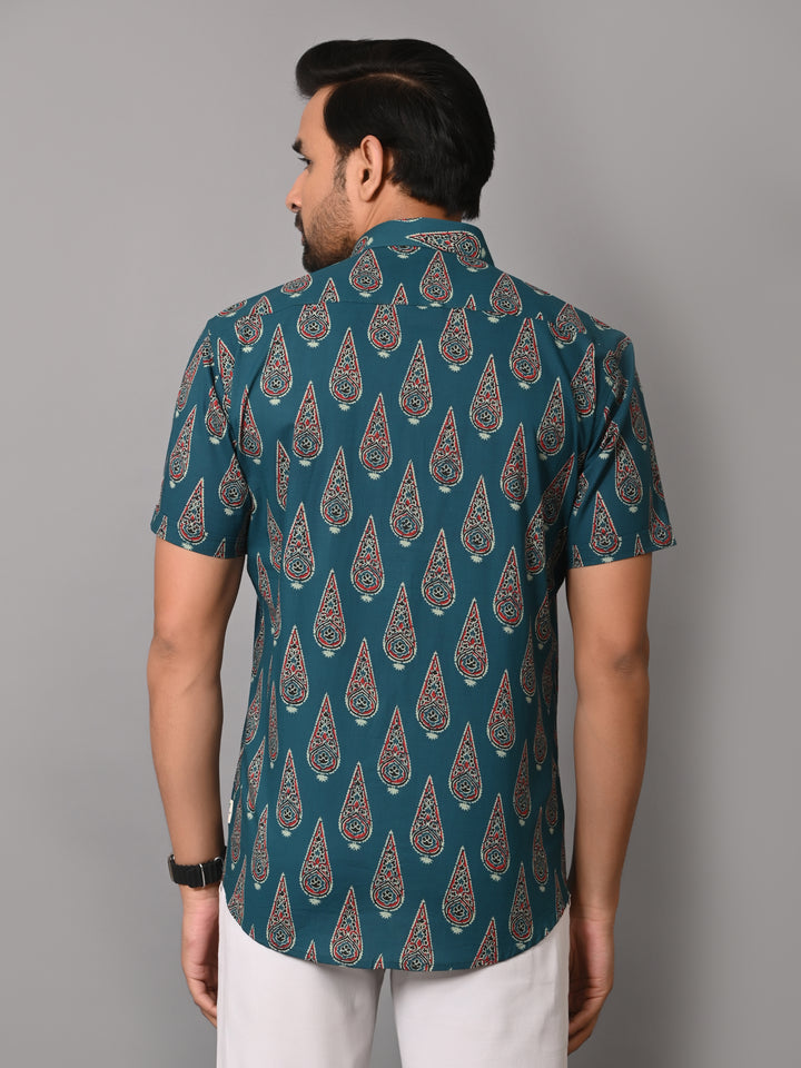 VJR Pine Green Block Print Premium Half Sleeves