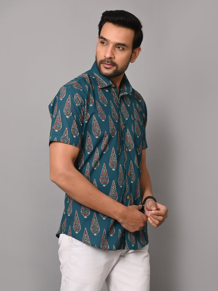 VJR Pine Green Block Print Premium Half Sleeves
