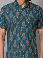 VJR Pine Green Block Print Premium Half Sleeves
