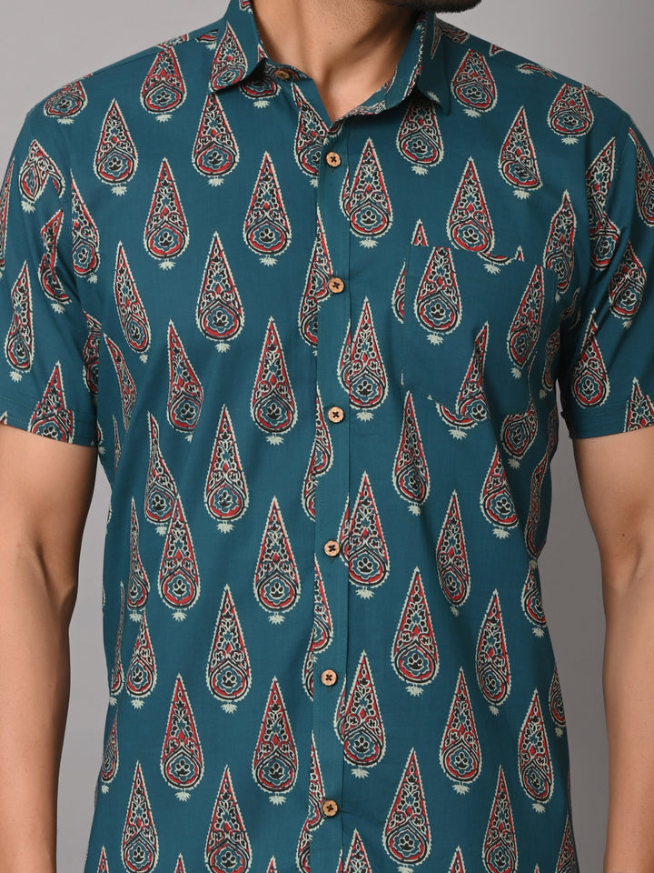 VJR Pine Green Block Print Premium Half Sleeves
