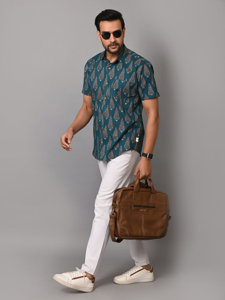 VJR Pine Green Block Print Premium Half Sleeves