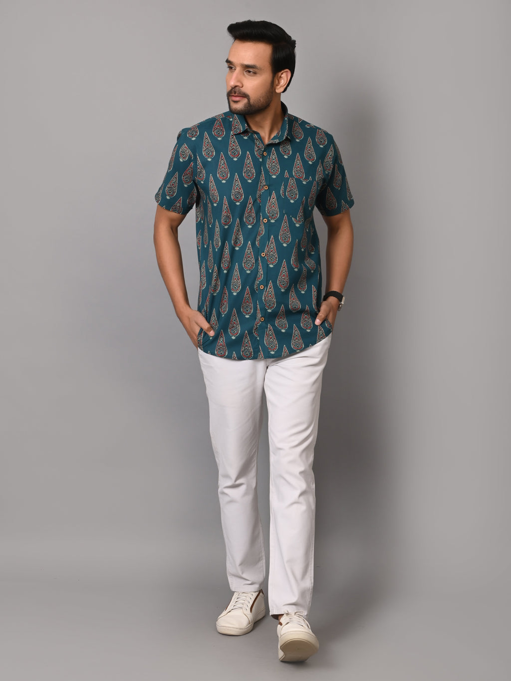 VJR Pine Green Block Print Premium Half Sleeves