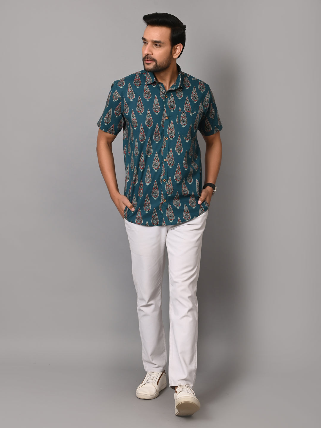 VJR Pine Green Block Print Premium Half Sleeves