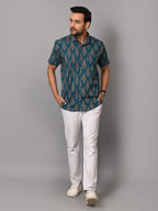 VJR Pine Green Block Print Premium Half Sleeves