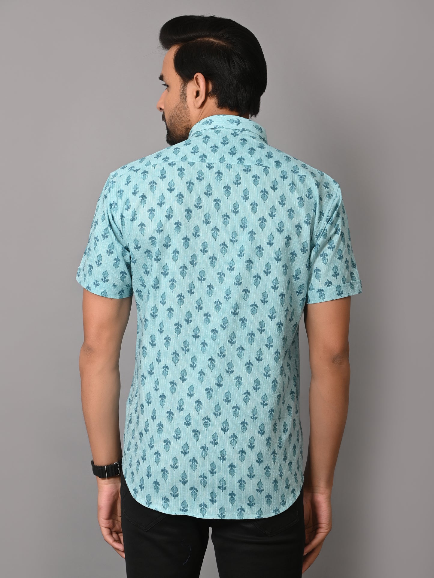 VJR Katha Floral Sky Blue Premium Half Sleeves