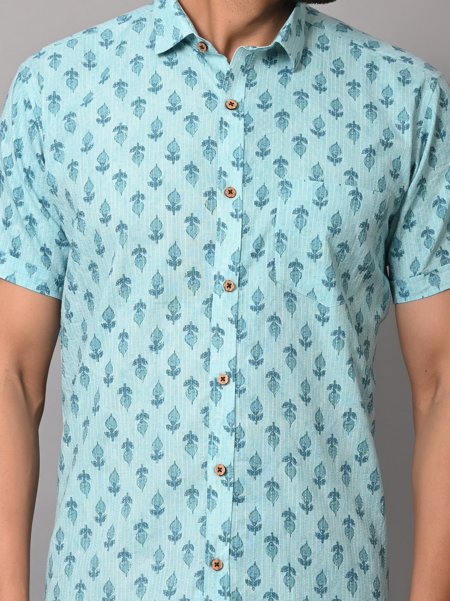 VJR Katha Floral Sky Blue Premium Half Sleeves