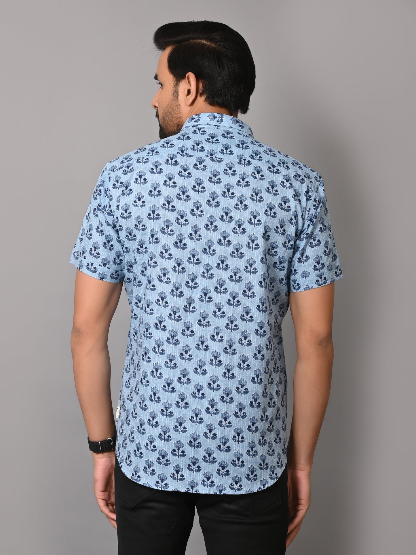 Floral Mark On Sky Base Premium Katha Shirt