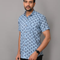 Floral Mark On Sky Base Premium Katha Shirt