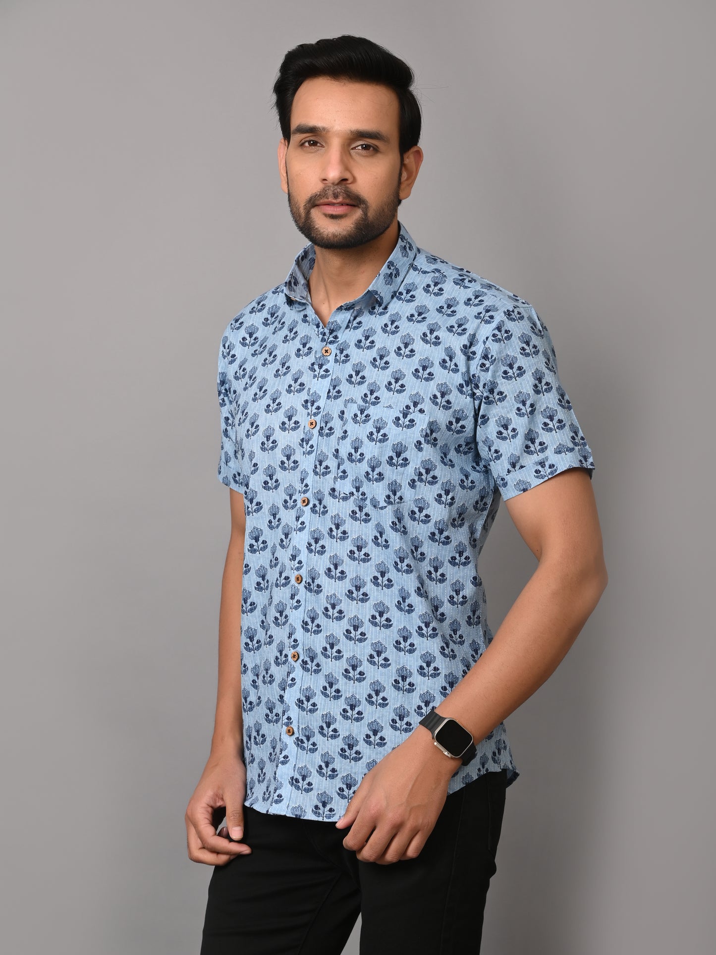 Floral Mark On Sky Base Premium Katha Shirt