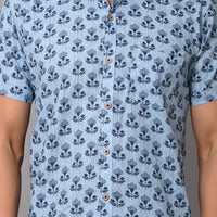 Floral Mark On Sky Base Premium Katha Shirt